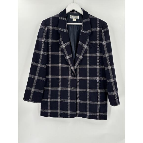 SK & Company Vintage Blazer Jacket Womens 16 Navy Blue White Plaid Wool Blend - Picture 1 of 16